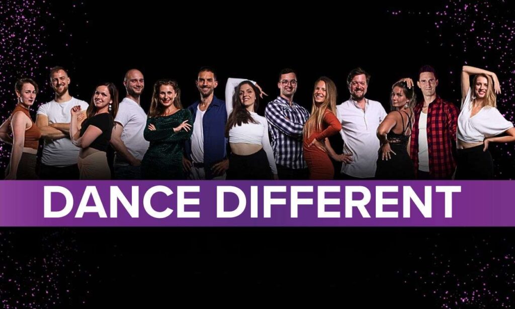 Šest různých lektorů z taneční školy DanceDifferent, kteří stojí v Salsa a Bachata pozicích.
